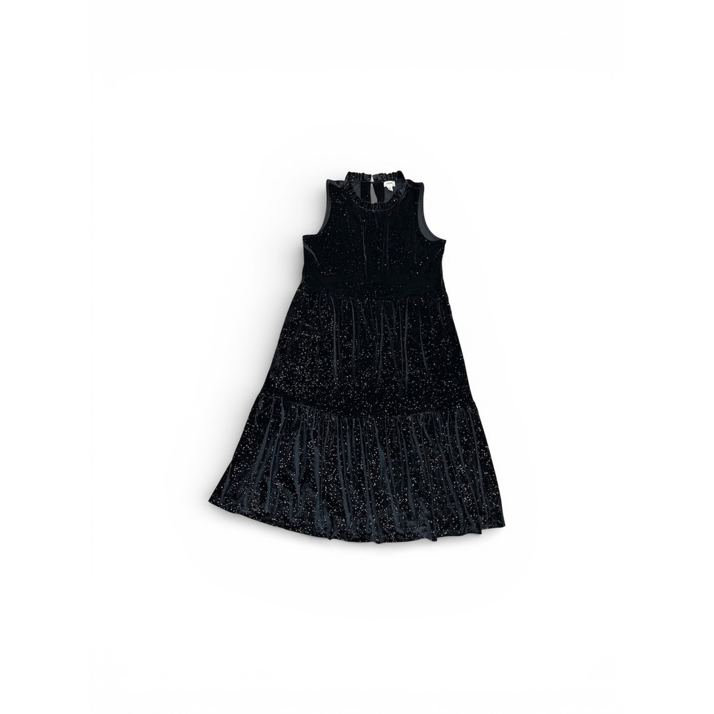 J.Crew Black Velvet Metallic Gold Dot‎ Tiered Midi Dress Ruffle Neck 10P Petite
